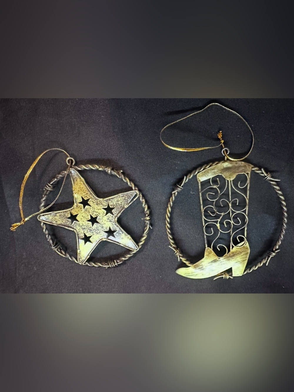 #O-104 Western Star & Boot Metal Ornaments - Gold Tone